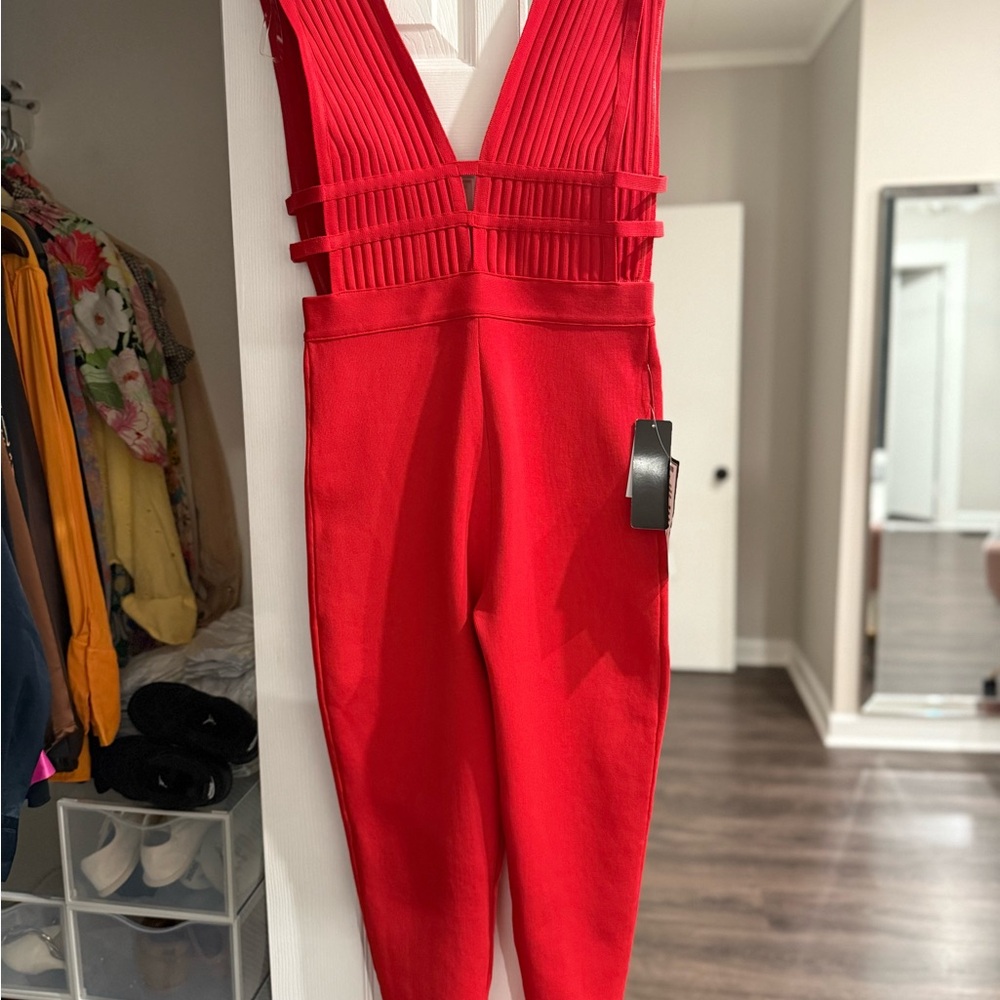 bebe Vibrant Red Strappy Jumpsuit